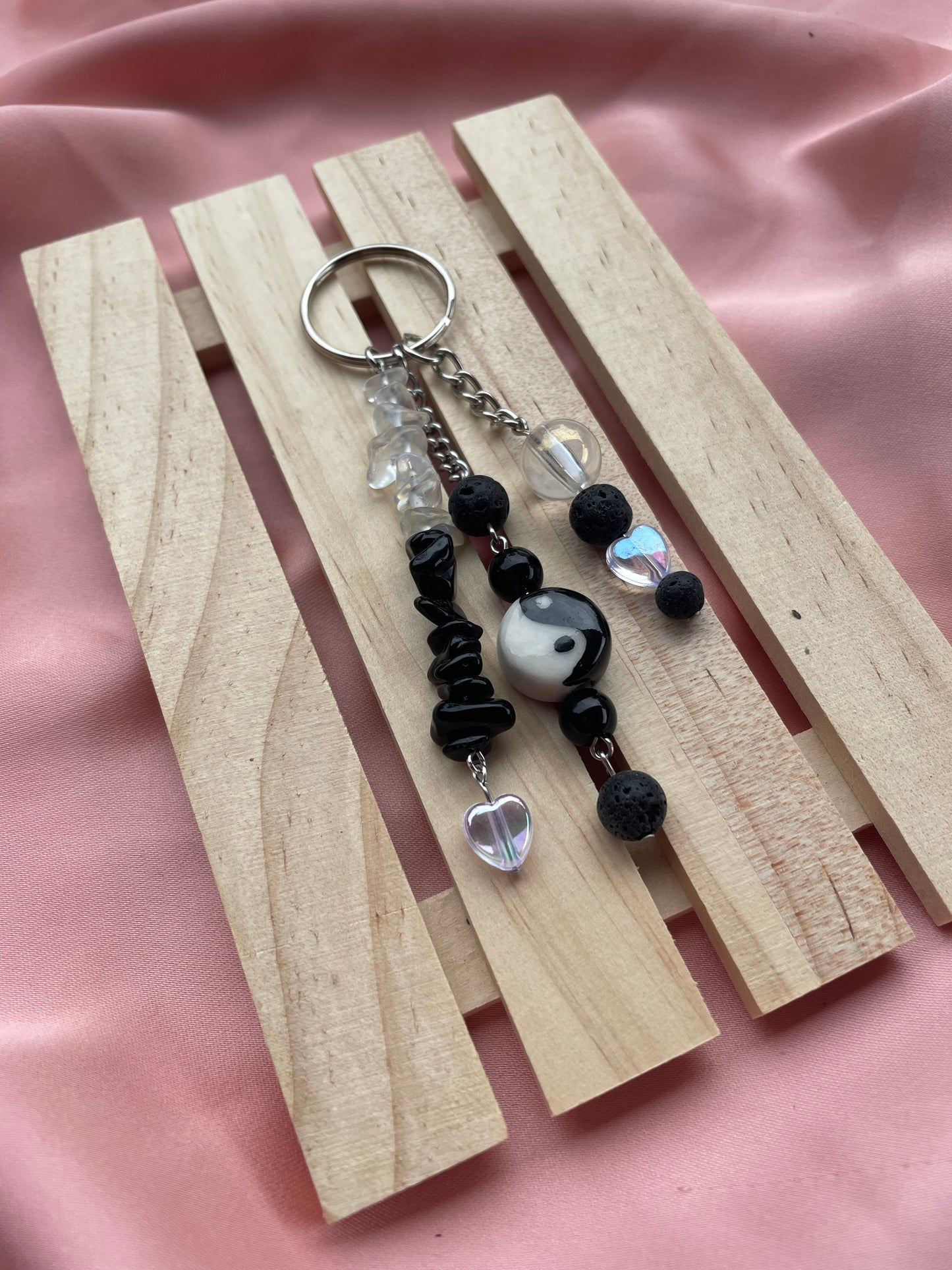 Yin & Yang with Black Tourmaline and Opalite Crystal Keychain | Bag Charm